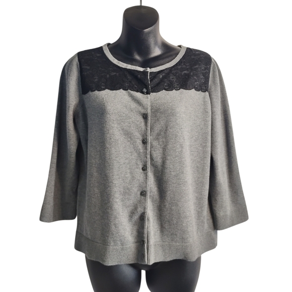 Ann Taylor LOFT Women's Gray Lace Trimmed Sweater Cardigan Size Large - Picture 1 of 8